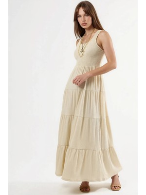 Hiccup Kadınlar Busem Dokulu U Yaka Maxi Elbise Taş Doğal
