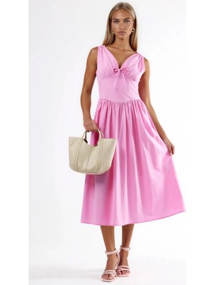 Hiccup Kadınlar Busem V Yaka Fiyonk Detaylı Midi Elbise Toz Pembe