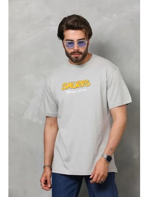 Hiccup Erkekler Janes Arka Baskılı Oversize Yuvarlak Yaka Tişört Gri