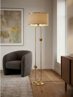 Venüs Nova Sceptrum Gold Metal Lambader | Mavi Gold Şerit Kumaş Başlık Salon Lambası | Ayaklı Aydınlatma