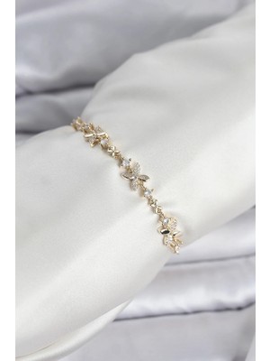 DS LLC Ietaks™ Gold Renk Yonca Model Zirkon Taşlı Asansörlü Kadın Bileklik