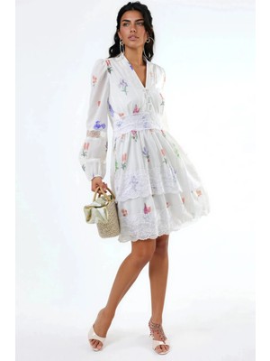 Hiccup Kadınlar Msn V-Yaka Çiçekli Dantel Mini Elbise Beyaz