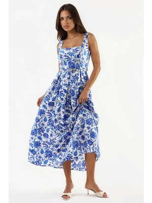 Hiccup Kadınlar Busem Kare Yaka Çiçekli Midi Elbise Beyaz