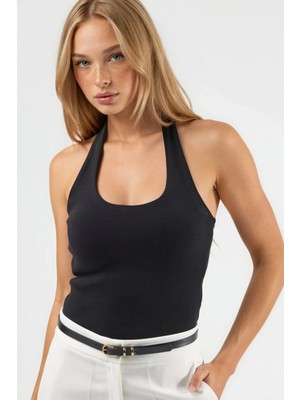 Hiccup Kadınlar Halter Yaka Esnek Örme Top Siyah