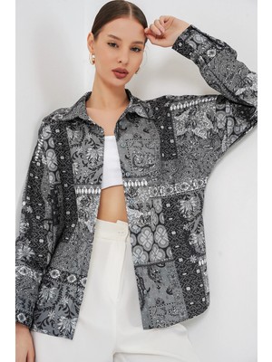 Hiccup Kadınlar Bdart Oversize Etnik Desenli Düğmeli Gömlek Kömür Grisi