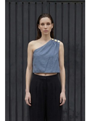 Hiccup Kadınlar My Fashıon Asimetrik Yaka Şifon Üst Bebek Mavisi