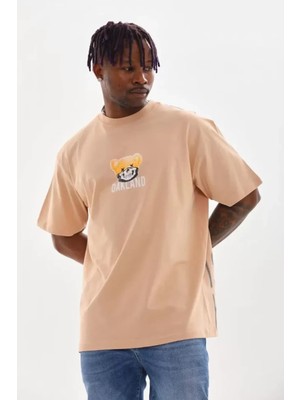 Hiccup Erkekler Janes Oversize Bisiklet Yaka Sırt Baskılı Tişört Bej Doğal