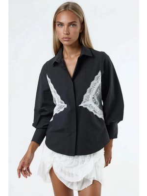 Hiccup Kadınlar Qu Style Dantel Detaylı Fitted Poplin Gömlek Siyah