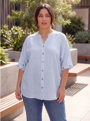 Rmg Kol Düğme Detaylı Keten Karışımlı Kadın Büyük Beden Gömlek Mavi