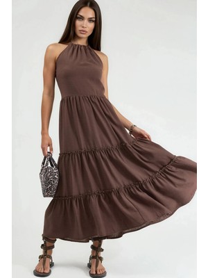 Hiccup Kadınlar Busem Fırfırlı Halter Yaka Maxi Elbise Kahve Kahvesi