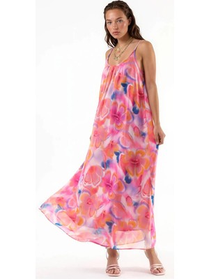 Hiccup Kadınlar Busem Çiçek Desenli U Yaka Midi Elbise Toz Pembe