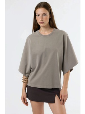 Hiccup Kadınlar Qu Style Oversize Bisiklet Yaka Pamuk Tişört Gri