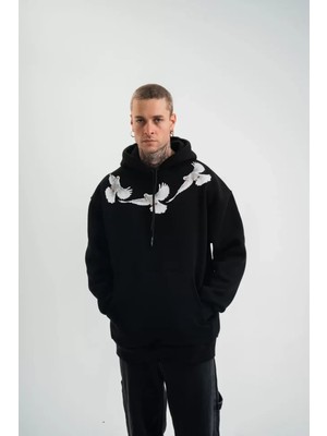 Hiccup Erkekler Janes Kapüşonlu, Oversize, Baskılı, Cepli Sweatshirt Siyah