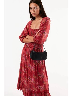 Hiccup Kadınlar Busem Çiçek Desenli Kare Yaka Midi Elbise Kırmızı