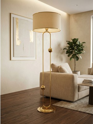 Venüs Nova Sceptrum Gold Metal Lambader | Mavi Gold Şerit Kumaş Başlık Salon Lambası | Ayaklı Aydınlatma