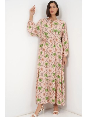 Hiccup Kadınlar Bdart Tropikal Desenli Düğmeli Maxi Elbise Toz Pembe