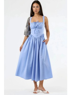 Hiccup Kadınlar Busem Düğmeli, Kare Yaka Midi Elbise Bebek Mavisi