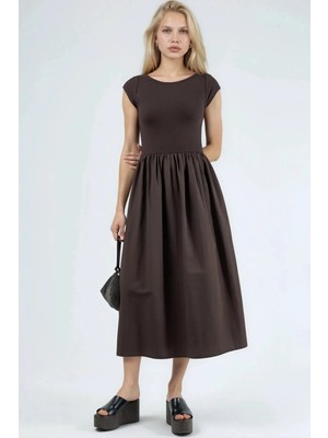 Hiccup Kadınlar Busem Kısa Kollu Bisiklet Yaka Midi Elbise Kahve Kahvesi