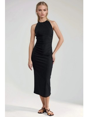 Hiccup Kadınlar Halter Yaka Dokulu Midi Bodycon Elbise Siyah