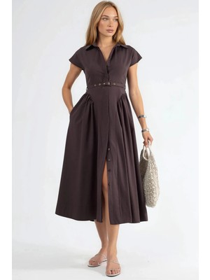 Hiccup Kadınlar Busem Kemerli Gömlek Yaka Midi Elbise Kahve Kahvesi