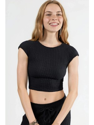 Hiccup Kadınlar Busem Fitted Dokulu Crop Top Siyah