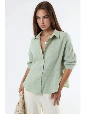 Hiccup Kadınlar Busem Düğmeli Dokuma Pamuklu Gömlek Nane Yeşili