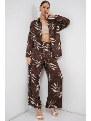 Hiccup Kadınlar Bdart Çiçek Desenli Gömlek & Yüksek Bel Geniş Paça Pantolon Ikili Takım Mocha Kahvesi