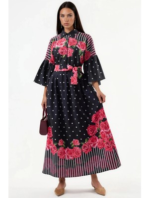 Hiccup Kadınlar Msn Gömlek Yaka ve Düğme Kapatmalı Çiçekli Maksi Elbise Siyah