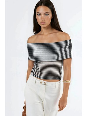 Hiccup Kadınlar Busem Çizgili Omzu Açık Kısa Bluz Siyah