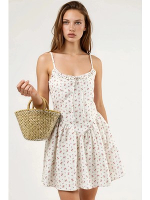 Hiccup Kadınlar Busem Bağlama Detaylı Çiçekli U Yaka Mini Elbise Bej Doğal