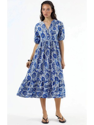 Hiccup Kadınlar Busem Çiçek Desenli Yarım Kol Midi Elbise Gök Mavisi