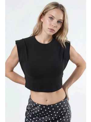 Hiccup Kadınlar Busem Bisiklet Yaka Pamuk Karışımlı Kolsuz Crop Top Siyah