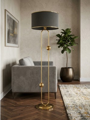 Venüs Nova Sceptrum Gold Metal Lambader | Mavi Gold Şerit Kumaş Başlık Salon Lambası | Ayaklı Aydınlatma