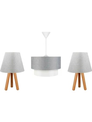 Vivense Evlight Üçlü Set Avize ve Komodin Üstü Abajur Gri