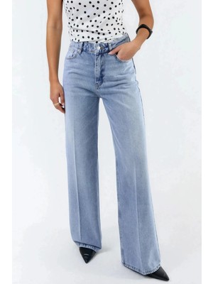Hiccup Kadınlar Geniş Paça Raw Kot Pantolon Açık Mavi Denim
