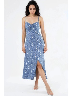 Hiccup Kadınlar Busem Çiçek Desenli Midi Askılı Elbise Kobalt Mavisi