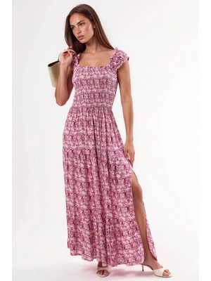 Hiccup Kadınlar Busem Kare Yaka Desenli Maxi Elbise Toz Pembe