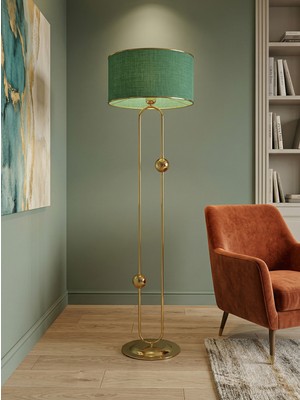 Venüs Nova Sceptrum Gold Metal Lambader | Mavi Gold Şerit Kumaş Başlık Salon Lambası | Ayaklı Aydınlatma