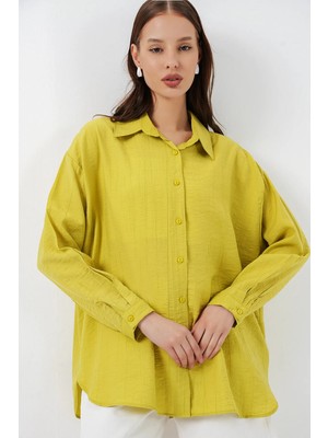 Hiccup Kadınlar BDART Büyük Beden Uzun Kollu Düğmeli Gömlek Kehribar Sarısı