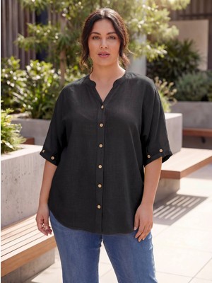 Rmg Kol Düğme Detaylı Keten Karışımlı Kadın Büyük Beden Gömlek Siyah