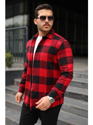 Hiccup Erkekler Janes Düğmeli Dokulu Ekose Gömlek Kırmızı