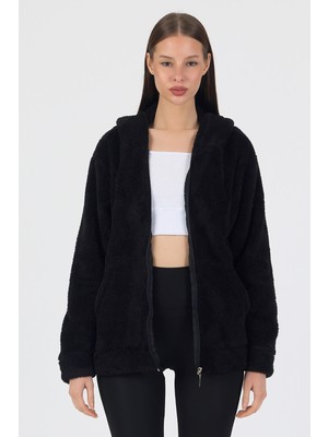 Segnante Kadın Kapüşonlu Fermuarlı Welsoft Yumuşak Kumaş Siyah Peluş Polar