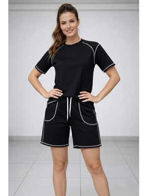 Marsilyan Kadın Kısa Kol Oversize Kalıp Tişört Şort Ikili Takım Kontrast Dikişli - Siyah