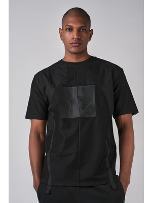 Ex-pent Erkek Şeritli Poplin Garnili 2 Iplik Kumaşlı Regular Kalıp Baskılı Pamuklu Siyah T-Shirt