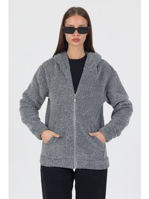 Segnante Kadın Kapüşonlu Fermuarlı Welsoft Yumuşak Kumaş Gri Peluş Polar