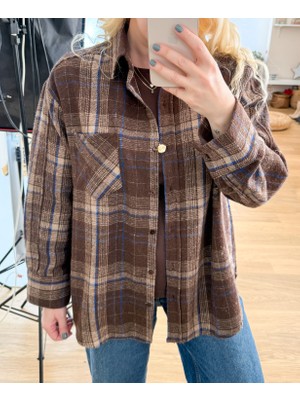 Modaonna Kahverengi Mavi Çizgili Oduncu Gömlek