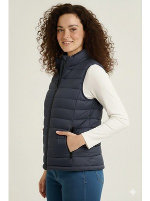 Marsilyan Kadın Şişme Fermuarlı Su Itici Kapitone Astarlı, Cepli Yelek - Lacivert