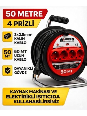 Akden Kablo 50 Metre 3x2,5mm Makaralı Uzatma Kablosu Tam Kesit Kaynak Makinası Kullanıma Uygundur