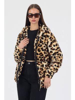 Segnante Kadın Kapüşonlu Fermuarlı Welsoft Yumuşak Kumaş Leopar Desenli Peluş Polar