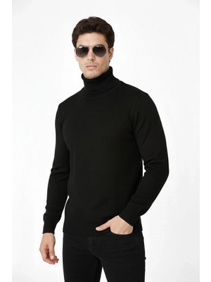Marsilyan Tam Boğazlı Balıkcı Yaka Triko Kazak Yumuşak Dokulu Pamuklu Ince Dokuma, Uzun Kollu Rahat Regular Kalıp - Siyah